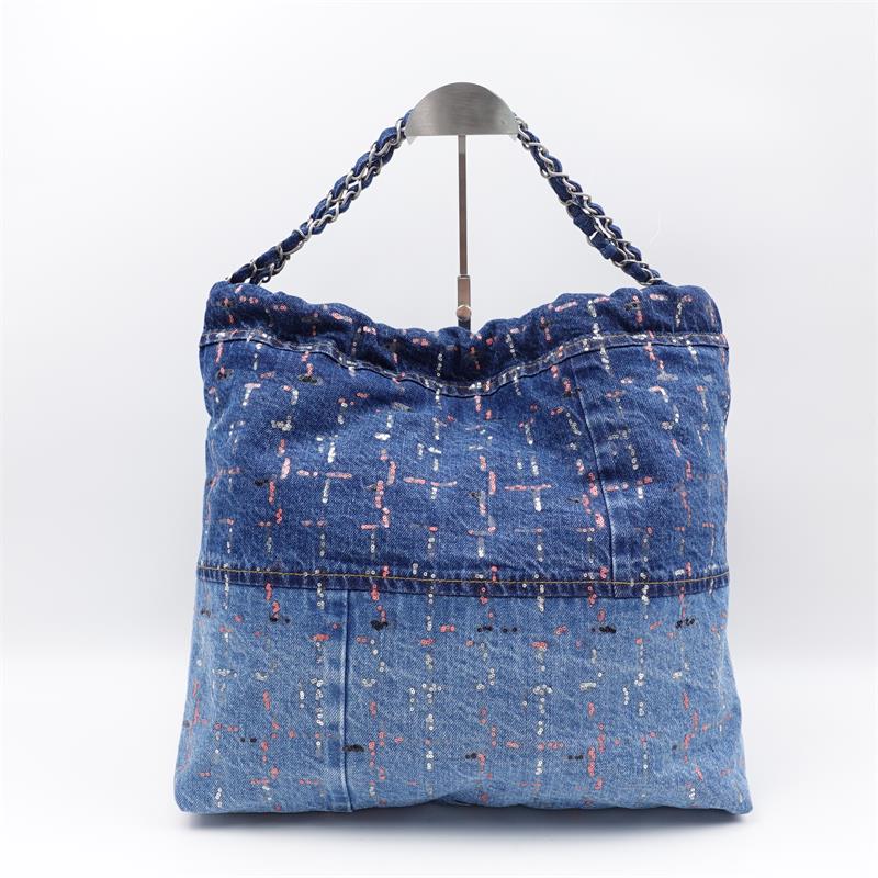 Pre-owned Chanel Blue 22 Denim Tote Bag-HZ