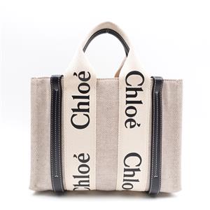 【DEAL】Chloe Woody Small Beige And Black Canvas Tote