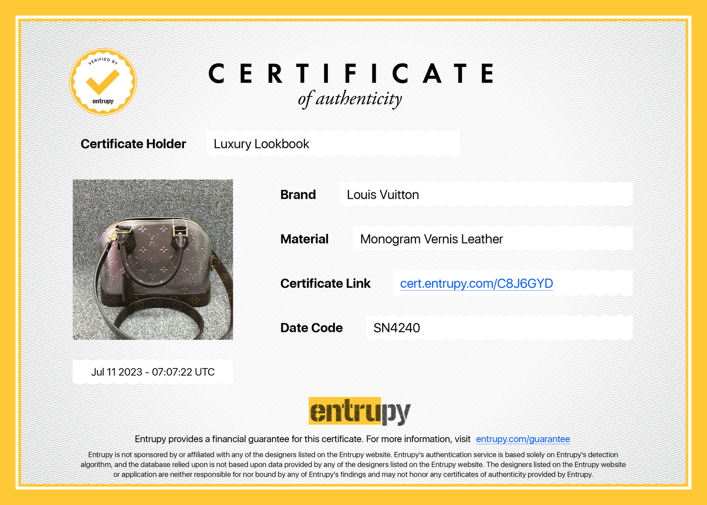 ENTRUPY VERIFIED! Entrupy Certificates for Luxury Items!