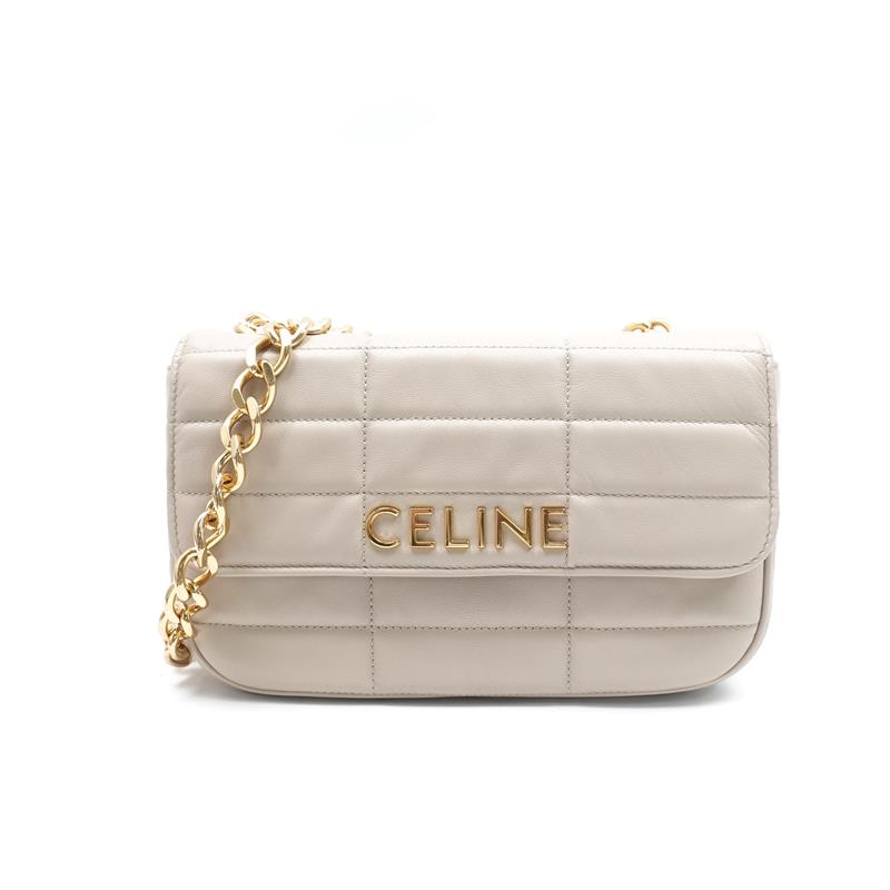 Celine Matelasse Monochrome Beige Calfskin Leather Chain Shoulder Bag-TS