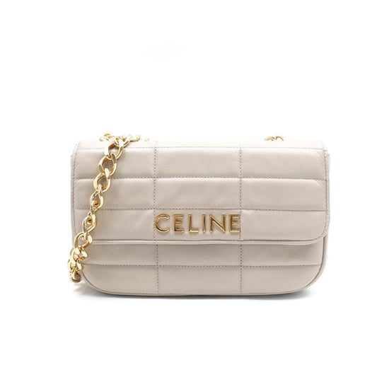 Celine Matelasse Monochrome Beige Calfskin Leather Chain Shoulder Bag-TS