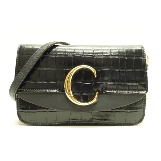 【DEAL】Pre-owned Chloe C Black&Gold Crocodile Embossing Calfskin Crossbody Bag-HZ