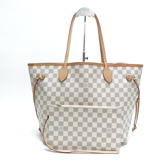 Pre-Owned Louis Vuitton Neverfull MM W/Pouch White Damier Azur Canvas Tote Bag T10442037