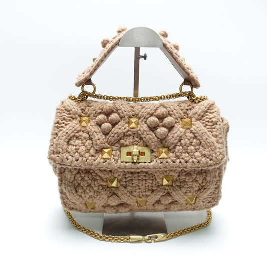 Pre-Owned Pre-Owned Valentino Roman Stud Brown Wool Shoulder Bag T10443869