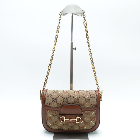 Pre-Owned Gucci Horsebit 1955 Brown Canvas&Crystal Shoulder Bag T10451809