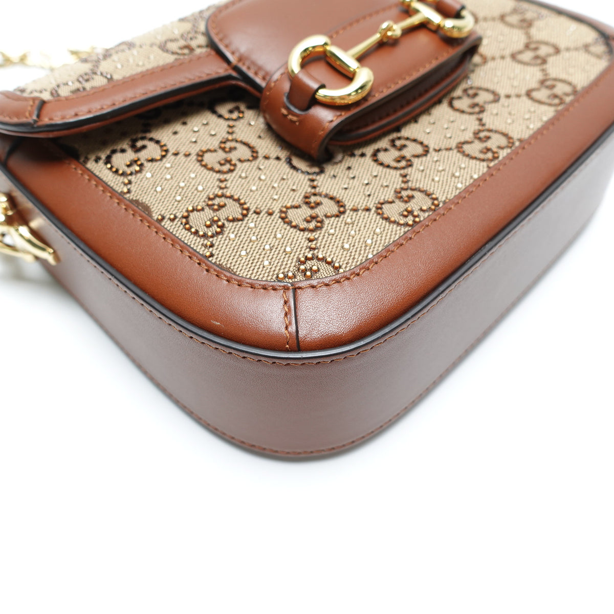 Pre-Owned Gucci Horsebit 1955 Brown Canvas&Crystal Shoulder Bag T10451809