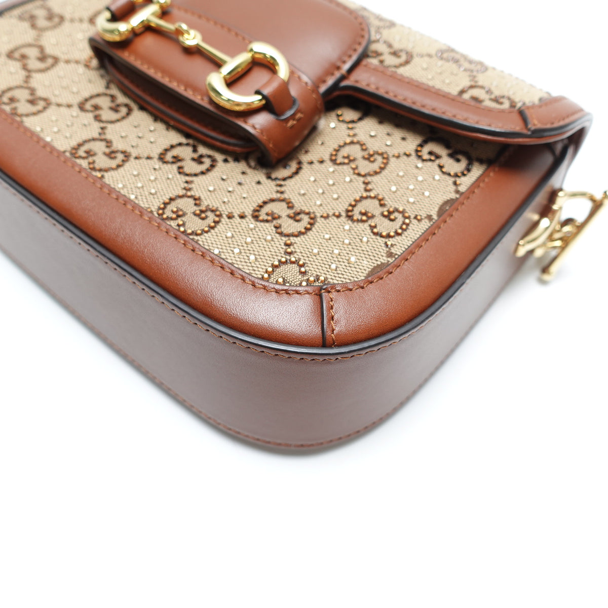 Pre-Owned Gucci Horsebit 1955 Brown Canvas&Crystal Shoulder Bag T10451809