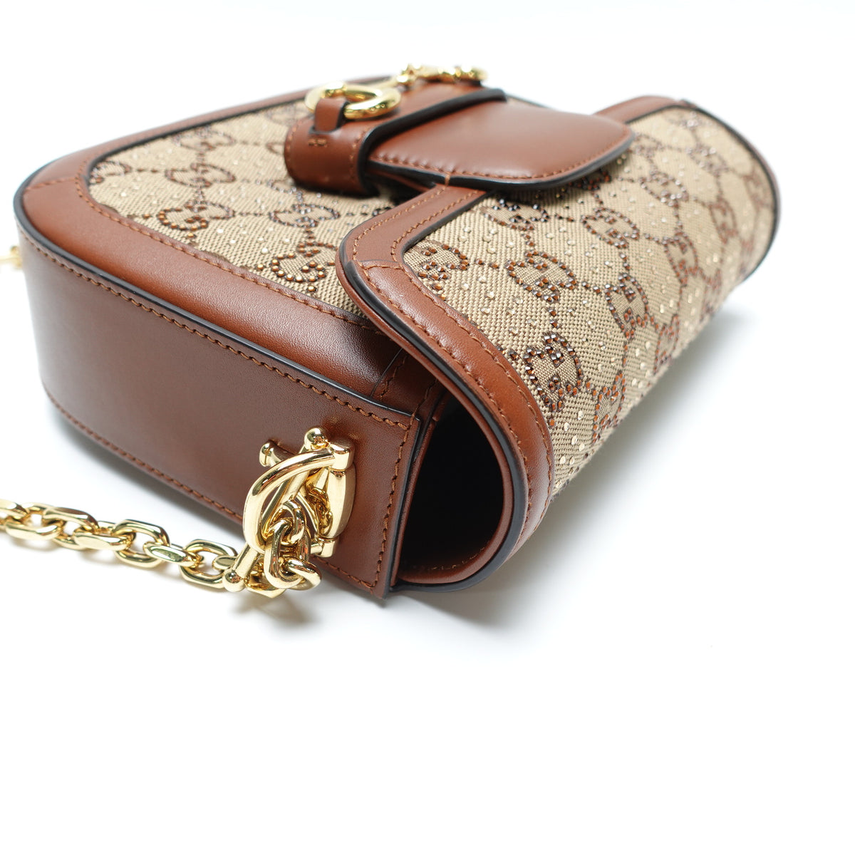 Pre-Owned Gucci Horsebit 1955 Brown Canvas&Crystal Shoulder Bag T10451809