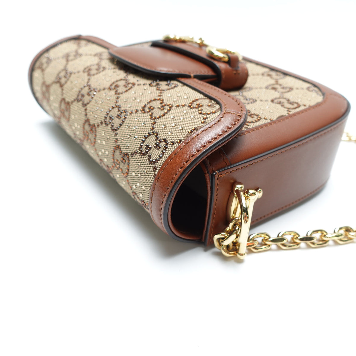 Pre-Owned Gucci Horsebit 1955 Brown Canvas&Crystal Shoulder Bag T10451809
