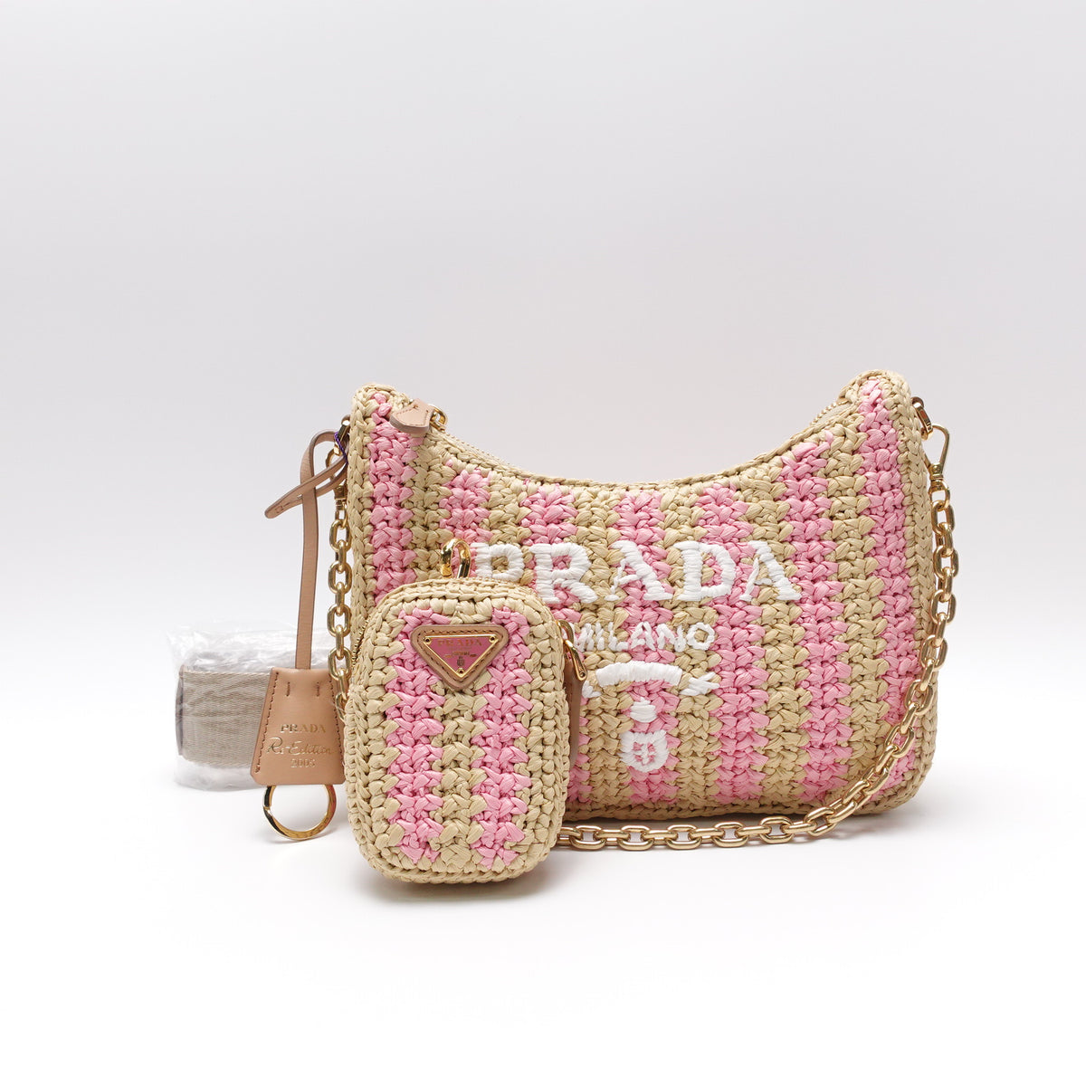 Prada Re-Edition 2005 Pink&Yellow Raffia Shoulder Bag T10456822