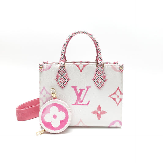 Pre-Owned Louis Vuitton Onthego PM Pink&White Coated Canvas Shoulder Bag T10469768