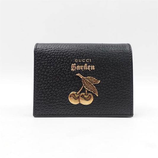 Pre-owned Gucci Gold Cherry Black Calfskin Short Wallet