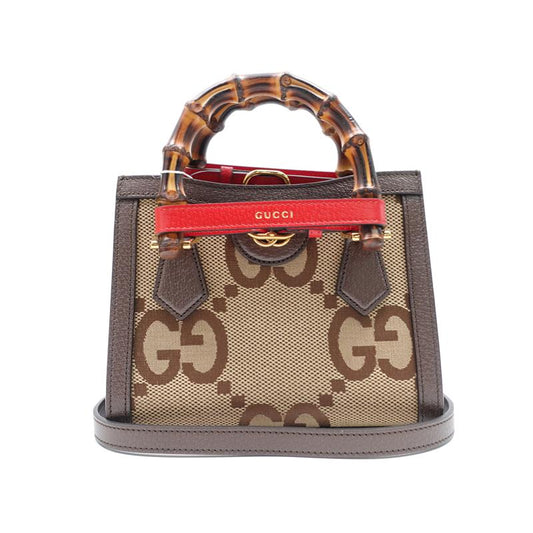 Pre-owned Gucci Diana Brown Calfskin With Bamboo Canvas Handbag