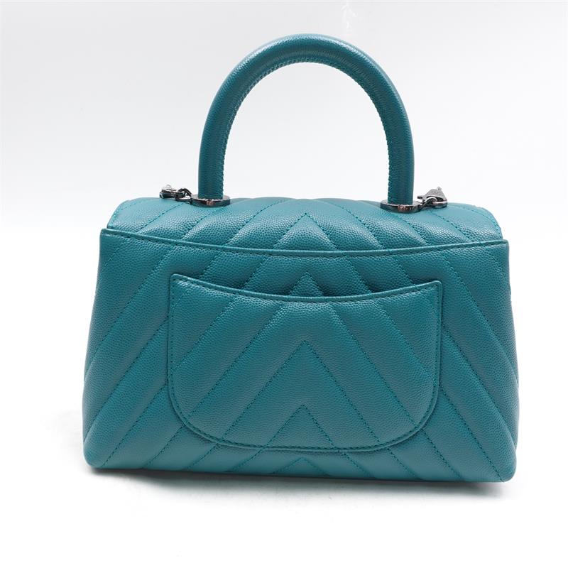 Pre-owned Chanel Chervon Coco Handle Teal Caviar  Satchel