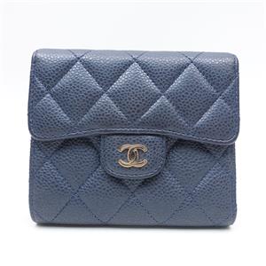 Pre-owned CHANEL Calfskin Small Leather Goods Blue Trifold Wallet-HZTT