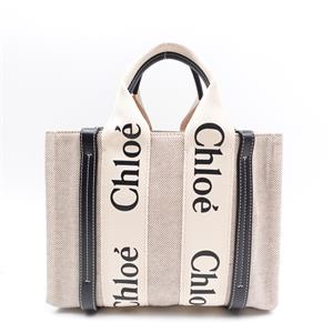 【DEAL】Chloe Woody Small Beige And Black Canvas Tote