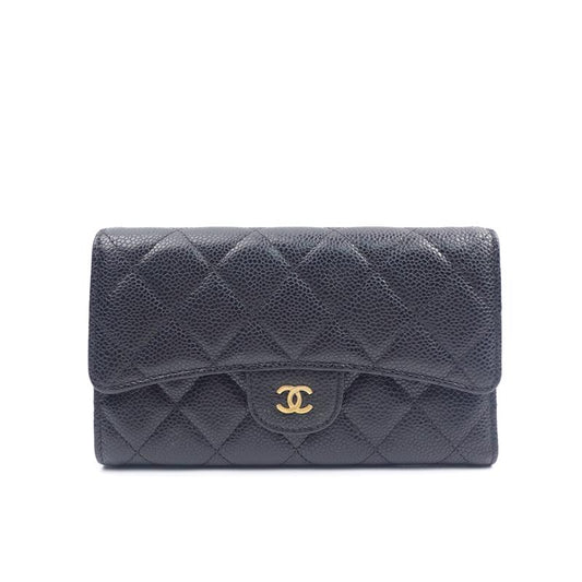 Pre-owned Chanel CF Black Long Calfskin Wallet-HZ