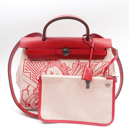 Pre-owned Hermès Herbag 31 Red & Beige Canvas Shoulder Bag-HZ