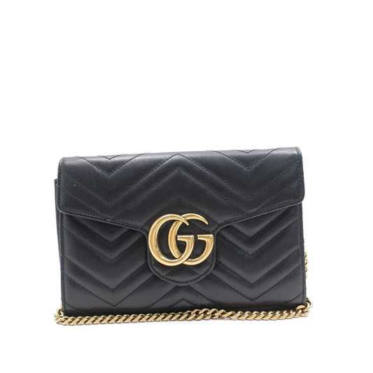 【DEAL】Pre-owned Gucci GG Marmont Black&Gold Calfskin Shoulder Bag-HZ