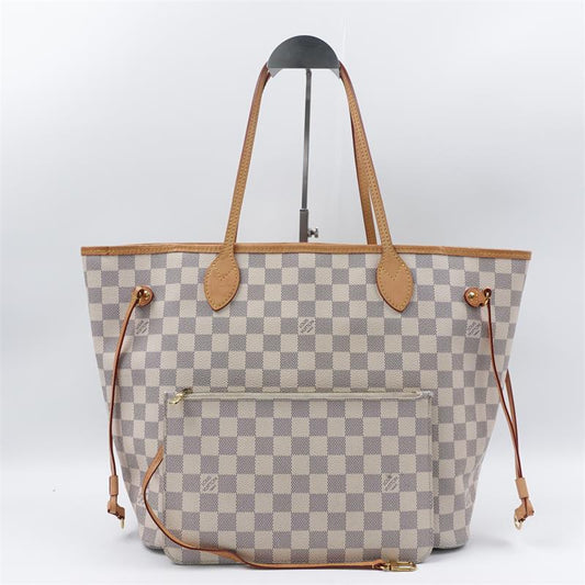 【Deal】Louis Vuitton Neverfull Damier Azur Coated Canvas Tote With Pouch -TS