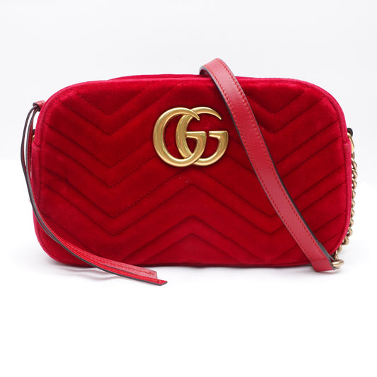 Pre-owned Gucci GG Marmont Camera Red Velvet Crossbody Bag