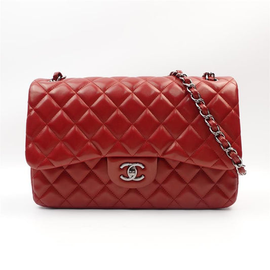 Pre-owned Chanel Classic Flap Lambskin Burgundy Red Jumbo Shoulder Bag - HZ