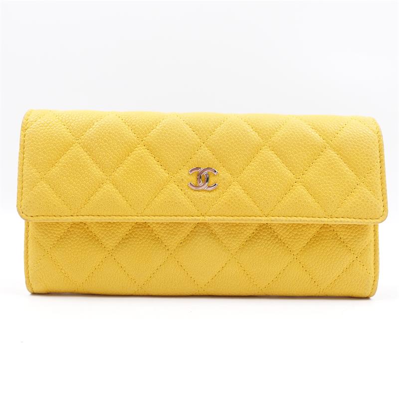 Pre-owned CHANEL calfskin Small Leather Goods Yellow Quilted Cavier Long Wallet-HZTT