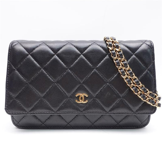 Pre-owned Chanel WOC Black & Gold Lambskin Shoulder Bag-HZ