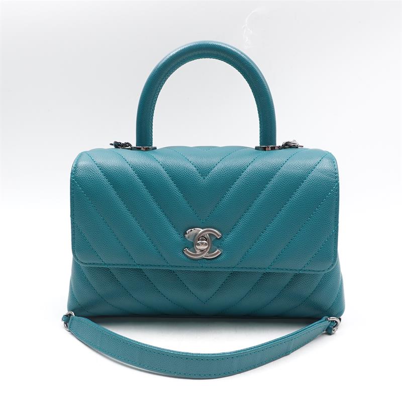 Pre-owned Chanel Chervon Coco Handle Teal Caviar  Satchel