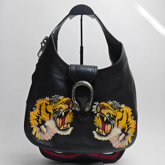 Pre-owned Gucci Calfskin Tiger Embroidered Extra Large Dionysus Hobo Black - HZTT