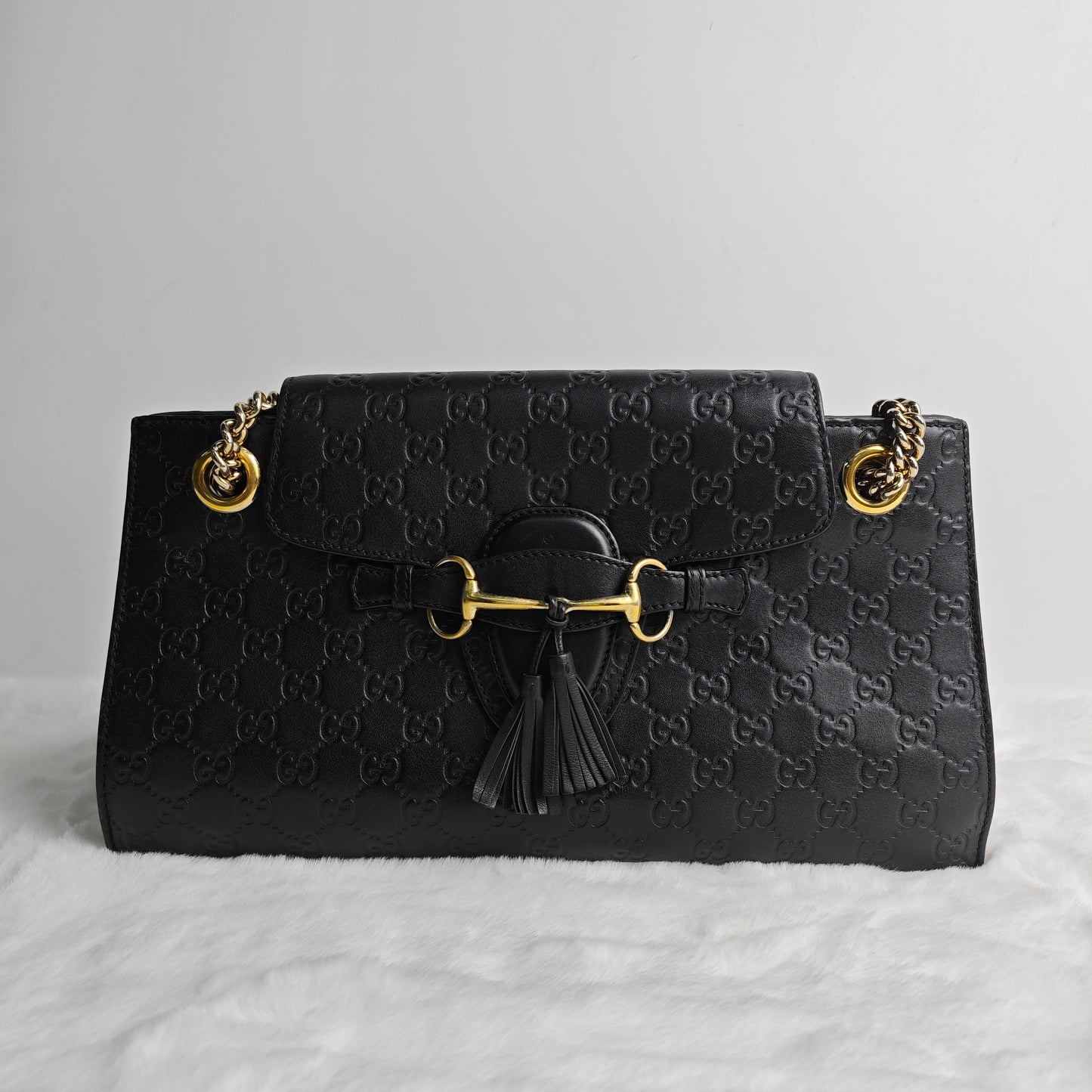 Pre-owned Gucci Emily Black GG Calfskin Shoulder Bag - HZ