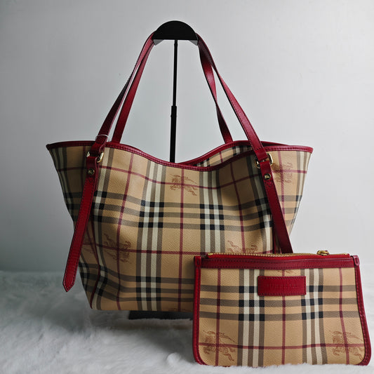 【DEAL】Pre-owned Burberry Classic Plaid Beige Coated Canvas Tote W/P - HZ