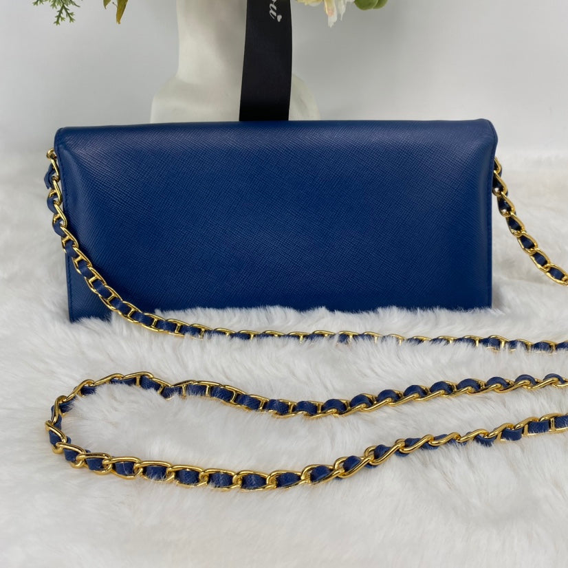 Pre-owned Prada Blue Saffiano Leather WOC Crossbody Bag-HZ